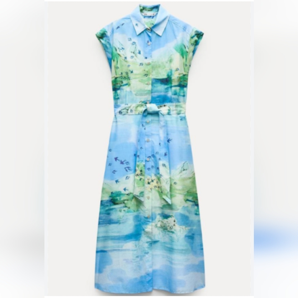 Zara Japanese Nature Watercolor Bird Print belted Midi Shirt Dress NWT 2183/014 - Picture 2 of 11